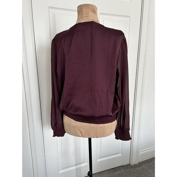 The General Good Purple V-Neck Faux Wrap Long Sheer Sleeve Smocked Top Sz M - Picture 2 of 10